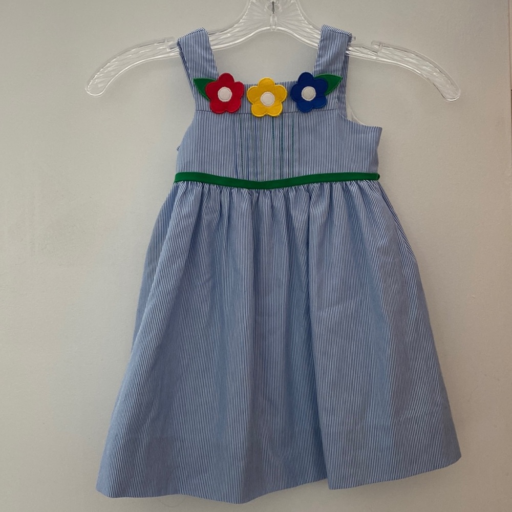 Florence Eiseman Toddler size 2T blue stripe dress/jumper with flower details.